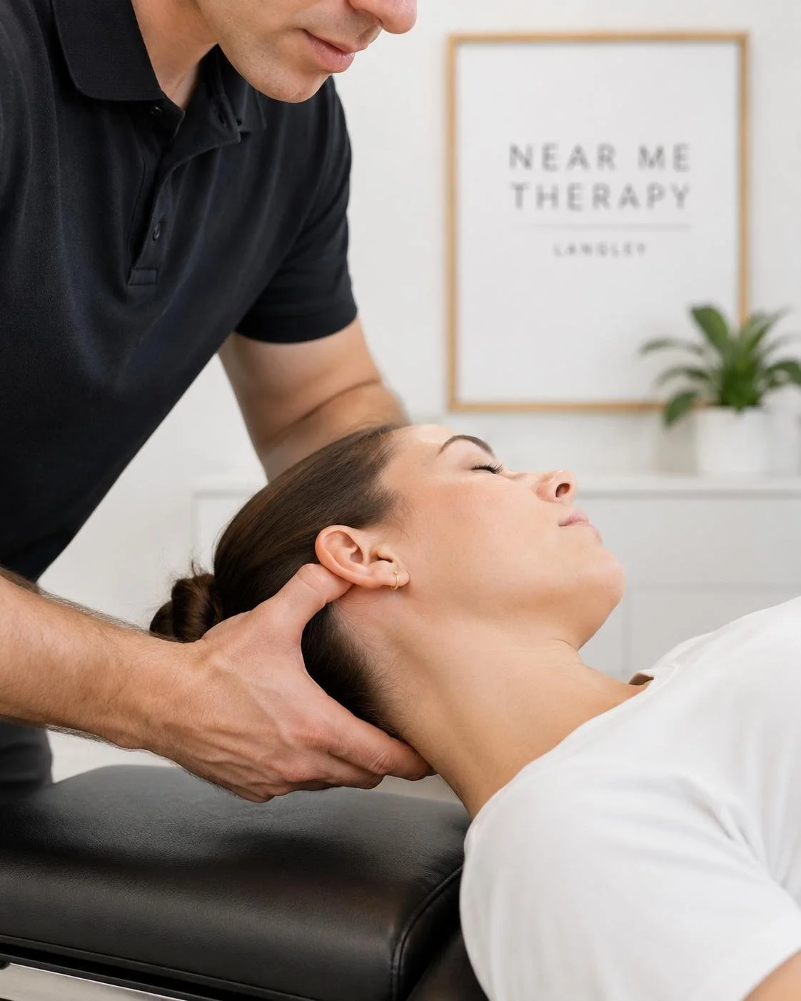 A close-up view of a chiropractor at Near Me Therapy clinic in Langley manually applying Active Release Technique (ART) to a patient's upper cervical spine and suboccipital muscles to treat TMJ and posture strain.