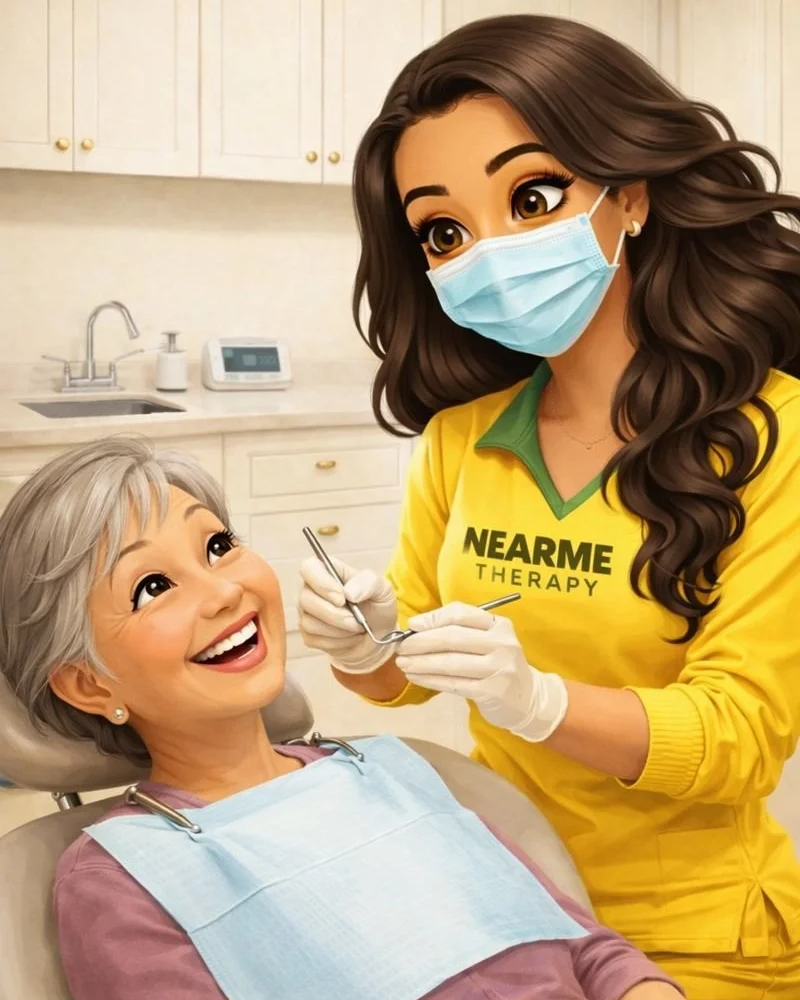 A young dental hygienist wearing a yellow NearMe Therapy shirt, medical mask, and gloves, is examining an older woman's teeth at the dentist's office. The woman is smiling and sitting in the dental chair with a dental bib.