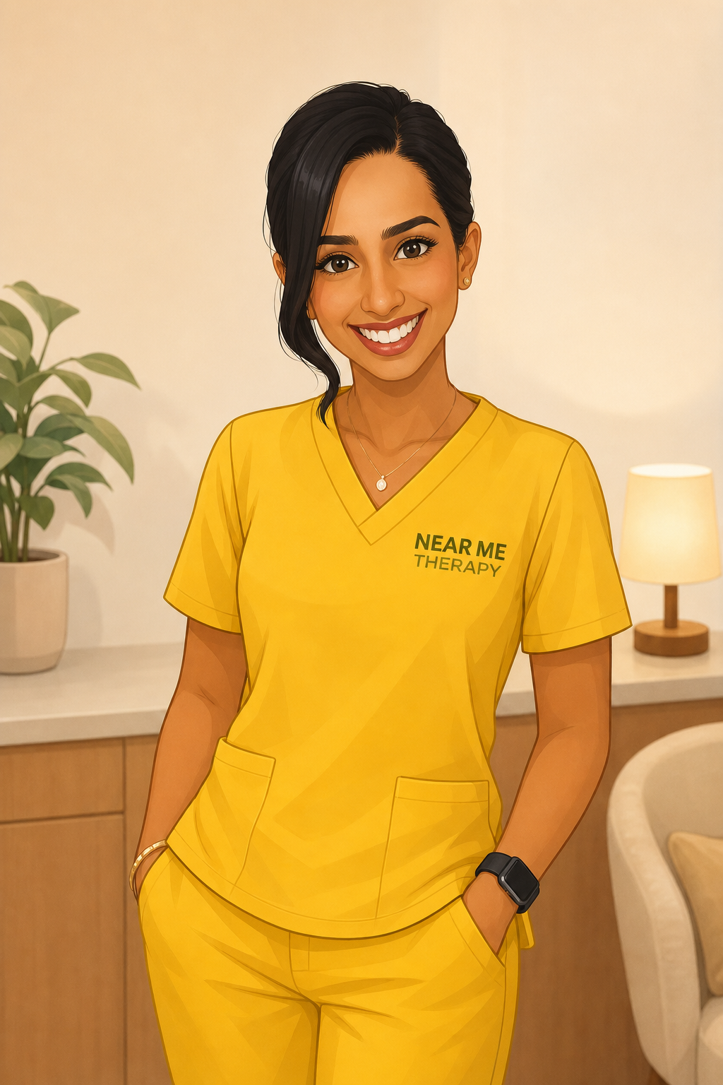 Sonia Dhillon Near Me Therapy Langley Counsellor in yellow scrubs waiting to receive client in clinic
