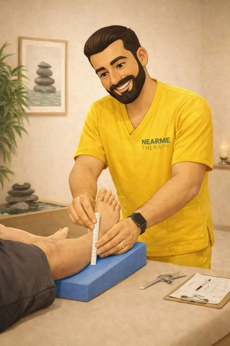shervin chiropractor near me therapy in yellow scrubs measuring foot to make orthotics