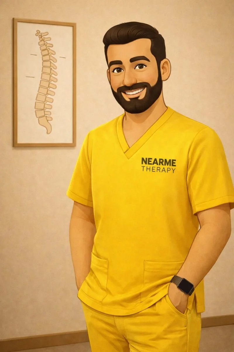 Dr Shervin Ranjbar Chiropractor standing in yellow scrubs with a spine poster in background, bearded in langley bc standing awaiting patient