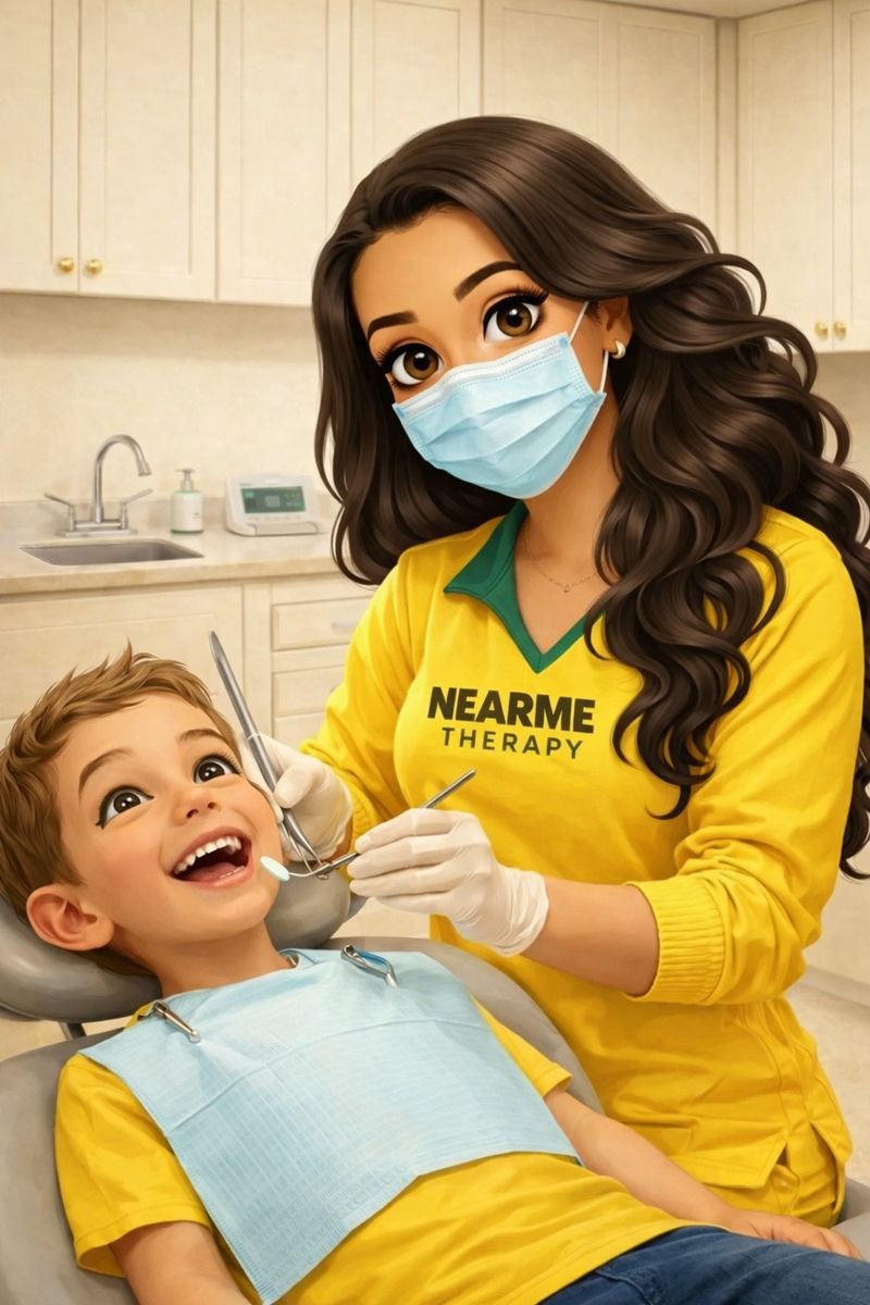 kamelia bahrini dental hygiene cartoon character treating child pediatric teeth wearing yellow near me therapy scrubs