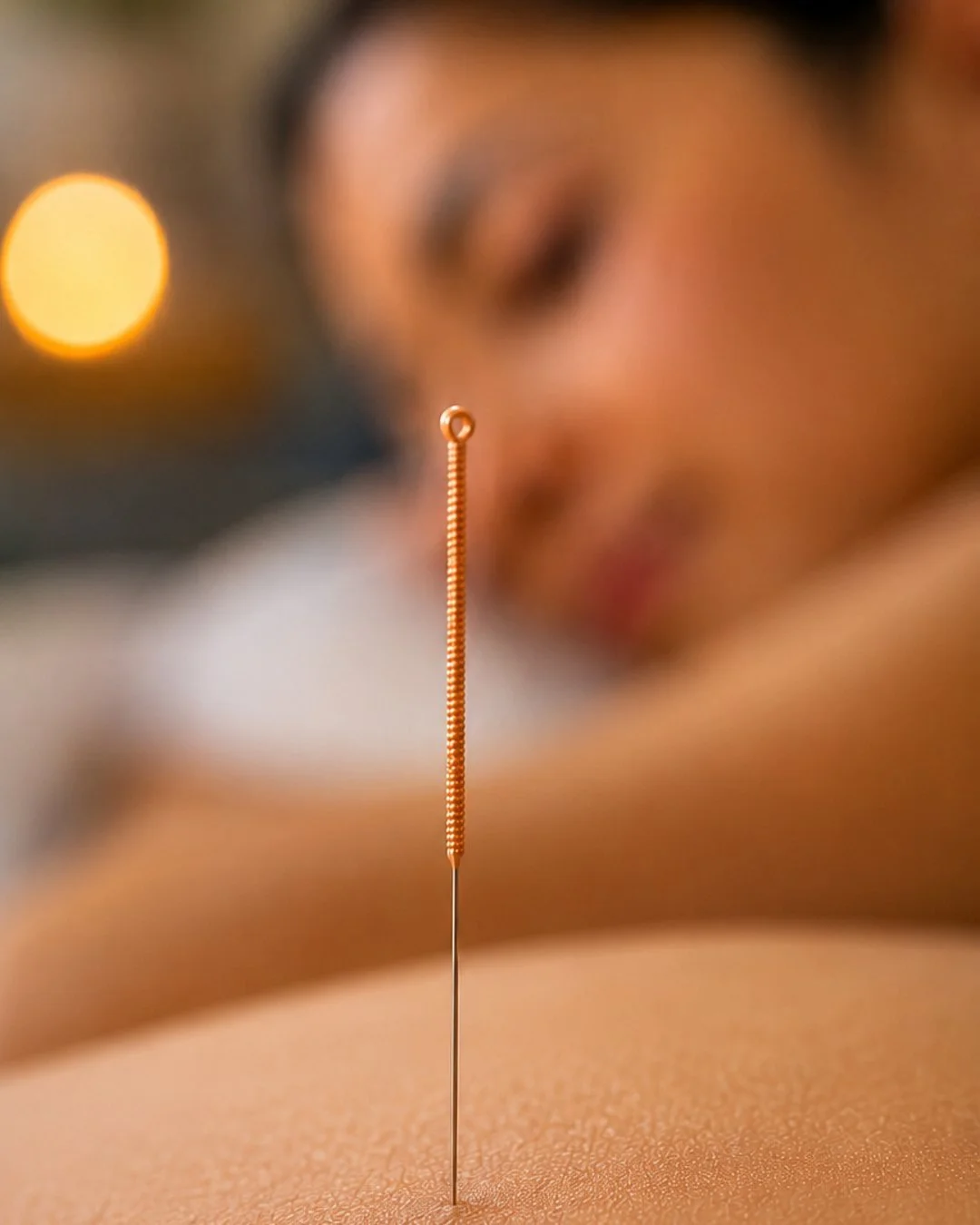 A close-up clinical photo of a patient receiving a specialized acupuncture needle at the Yintang point between the eyebrows for stress and insomnia relief at Near Me Therapy in Langley, BC.