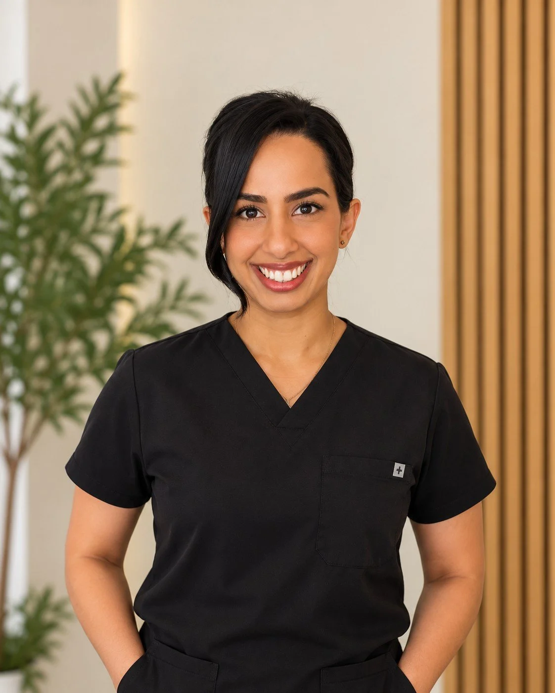 Sonia Dhillon is standing in black scrubs, smiling and showing teeth with near me therapy background of wood neutrals and plants with hands in pocket