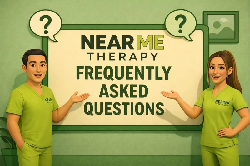 Cartoon male and female therapists wearing green scrubs pointing at a sign that reads, "Near Me Therapy Frequently Asked Questions," with question marks above their heads.