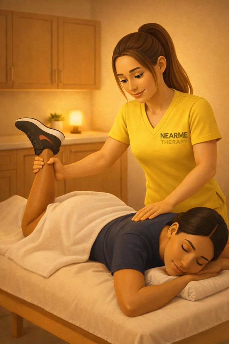 A woman receiving therapy from a massage therapist in a massage room. The therapist, wearing a yellow shirt with 'NEAR ME THERAPY' logo, is giving a leg stretch to the woman lying face down on a massage table.