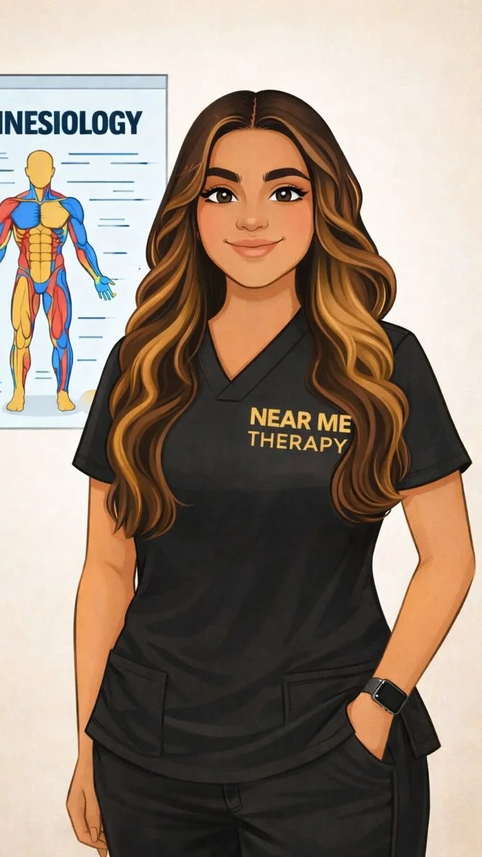 Illustration of Kam Mann, kinesiologist at Near Me The with long wavy brown hair, wearing a black medical scrubs with 'NEAR ME THERAPY' written on the chest. She is standing in front of a poster showing an anatomical diagram of the human musculature.