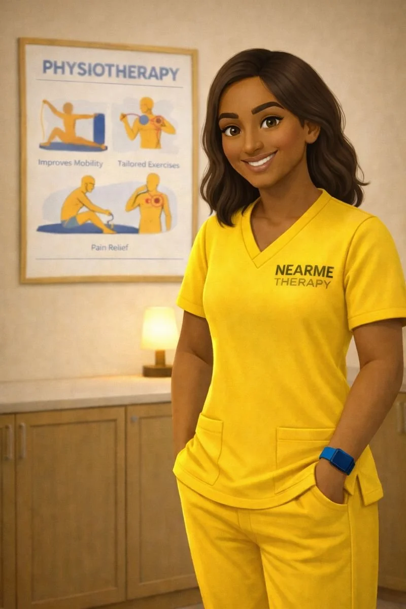 female physiotherapist smiling in yellow scrubs and physiotherapy poster on the background in near me therapy langley