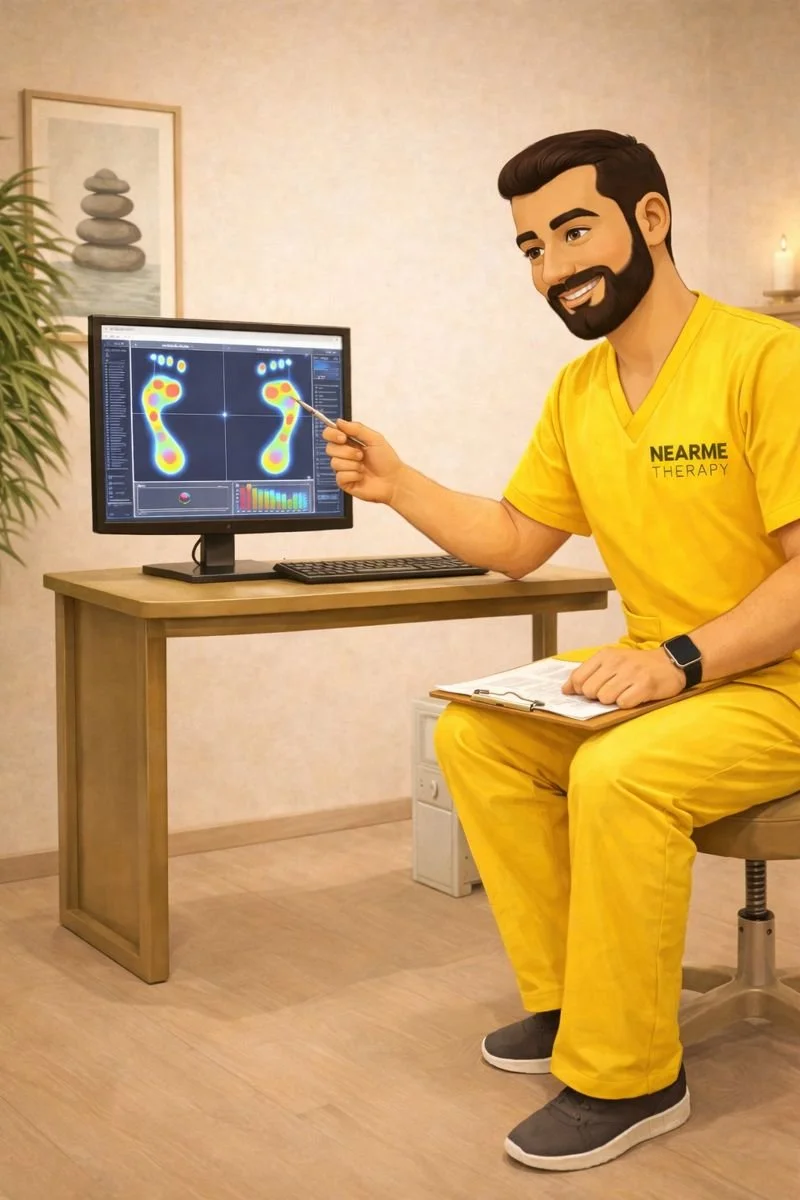 dr shervin ranjbar pointing to a computer orthotics scan  sitting on a chair in yellow scrubs at near me therapy langley