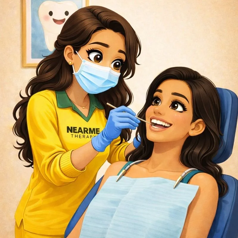 female black haired cartoon patient is ahaving mouth examined by near me therapy dental hygiene professional kamelia in yellow scrubs