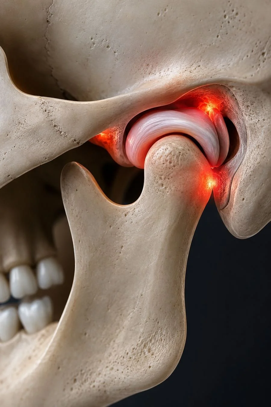 Close-up 3D medical render of a human skull showing temporomandibular joint (TMJ) disc displacement with glowing red muscular tension points on the masseter and pterygoid muscles.