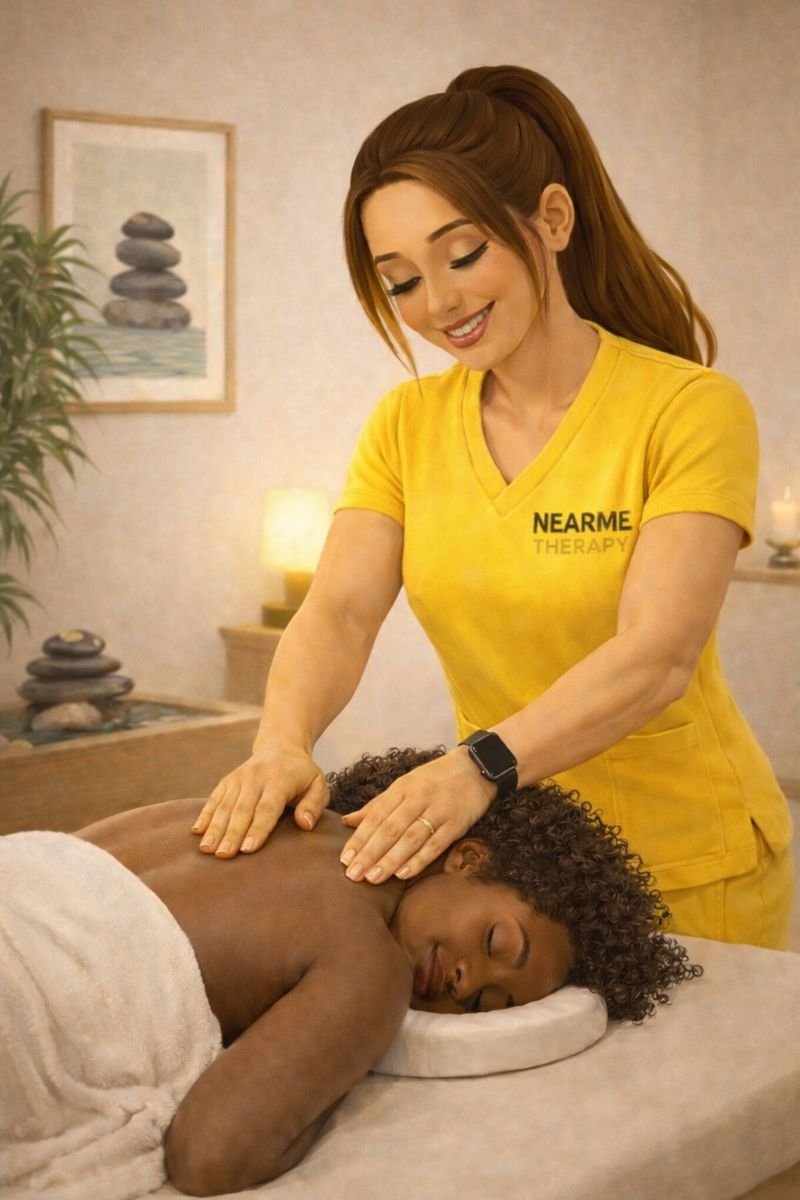 RMT in hellow scrubs, cartoon massaging a happy afro canadian patient draped having her shoulders massaged at near me therapy langley