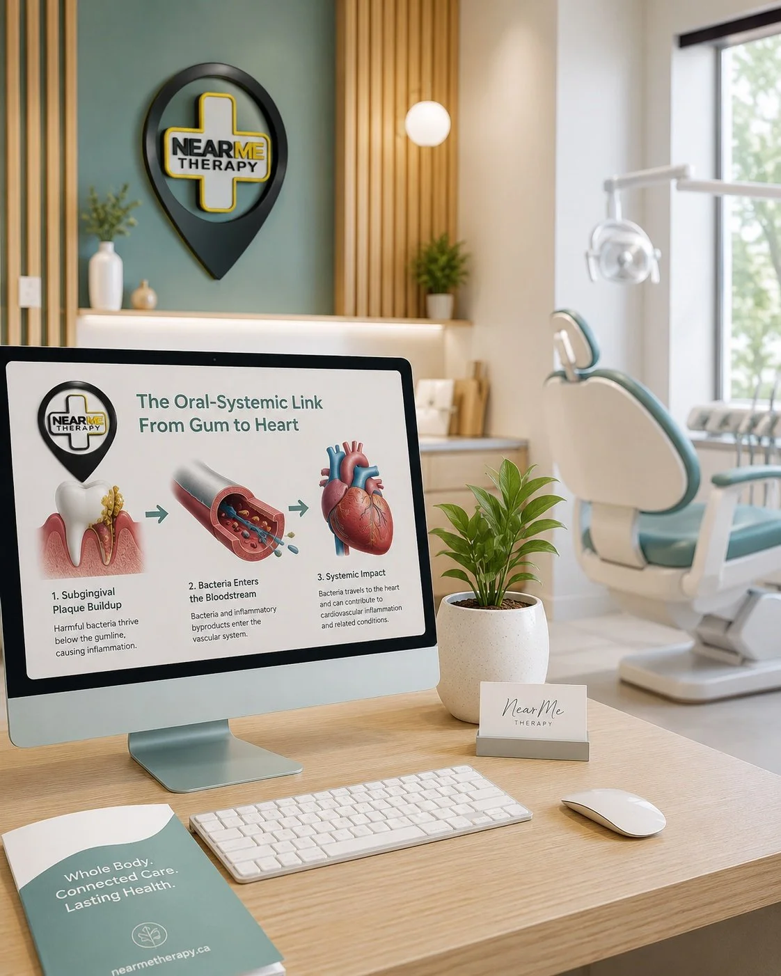 A modern clinical treatment room at Near Me Therapy in Langley, featuring an architectural medical display that illustrates the anatomical link between subgingival gum disease and cardiovascular health.