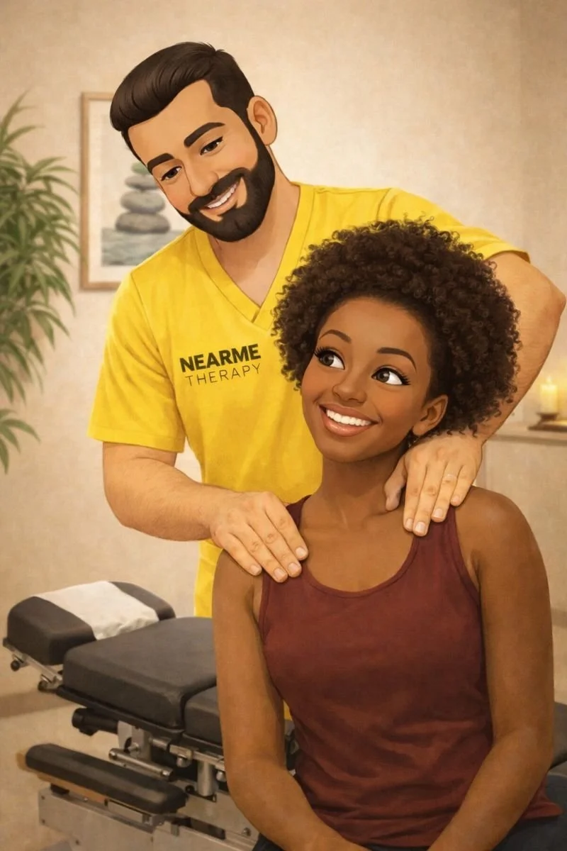 Dr Shervin standing behind afro canadian female patient in red top, performing active release therapy on shoulder in langley