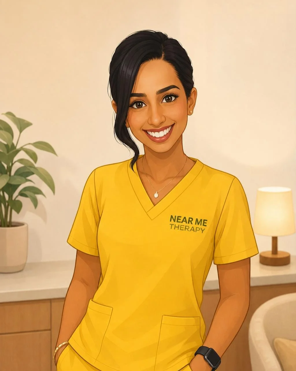 sonia dhillon character near me therapy in yellow scrubs smiling in near me therapy langley