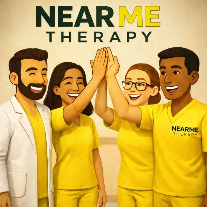 team of health professionals at near me therapy excited and high fiving together