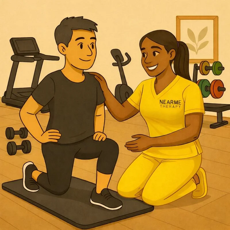 A kinesiologist in a yellow NEAR ME THERAPY uniform is kneeling on the floor, smiling, and placing her hand on a man's shoulder who is kneeling on a mat. They are in a gym with weights and exercise equipment in the background.