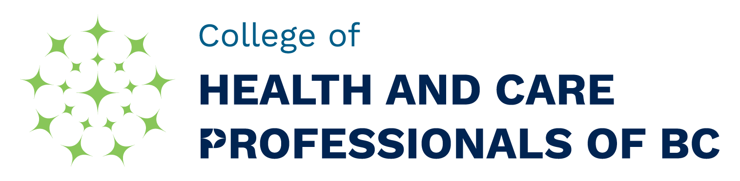 Logo of College of Health and Care Professionals of BC featuring a green geometric design and blue text