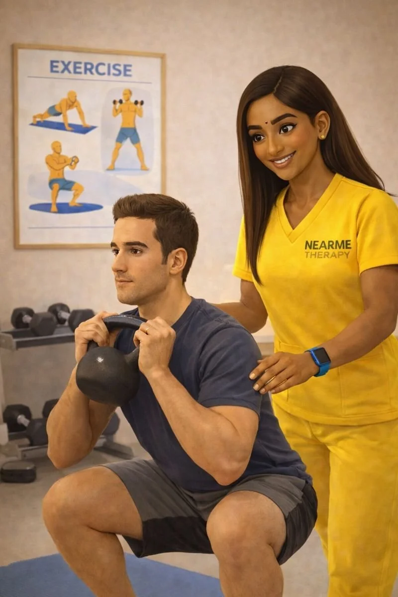 kinesiologist guiding a patient perform a squat with a kettle bell with exercise poster in the background at near me therapy langley