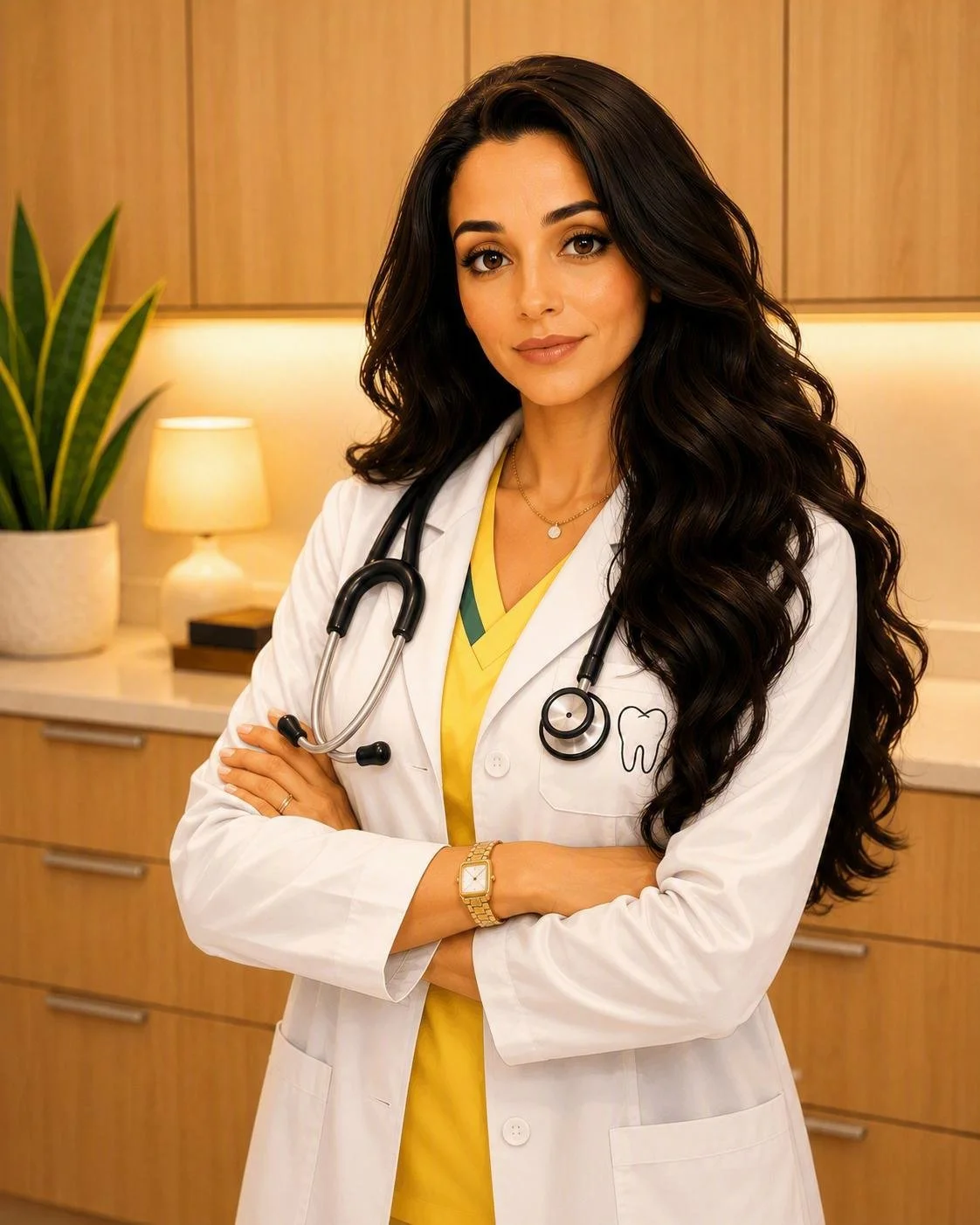 A female doctor with long dark hair, wearing a white lab coat with a tooth logo, yellow scrubs, and a stethoscope around her neck, standing in a medical office.