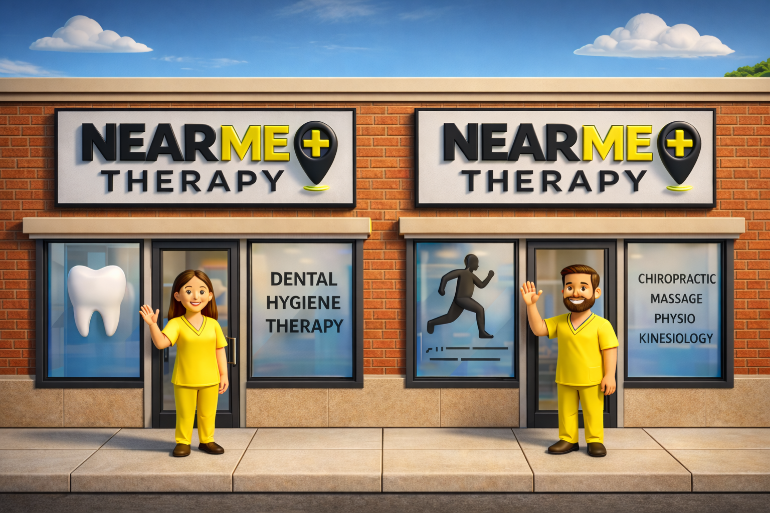image of near me therapy dental and allied professionals standing in front of clinic in near me therapy langley waving