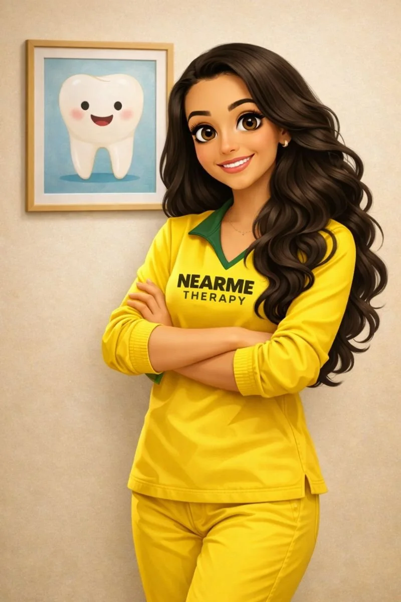 kamelia bahrini dental hygiene practitioner in langley bc standing in yellow  scrubs smiling with long brunette hair with a tooth poster in the background