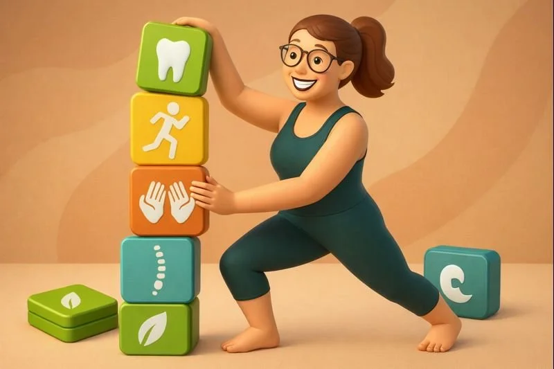 A smiling lady in fitness gear is lunging foward holding blocs symbolizing near me therapy langley's services like dental hygiene physio chiro massage naturopathic kinesiology