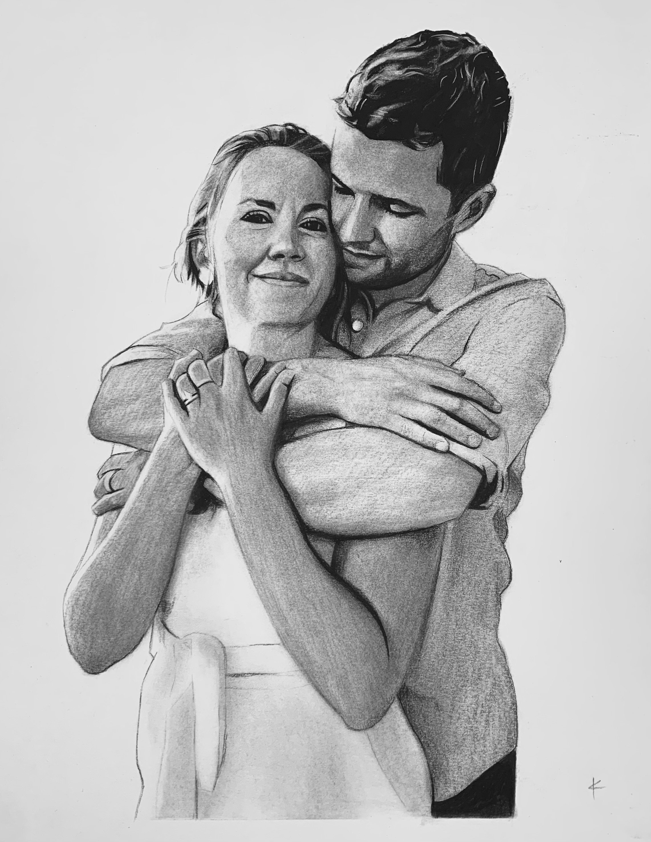 A pencil drawing of a couple hugging closely, smiling at the camera.