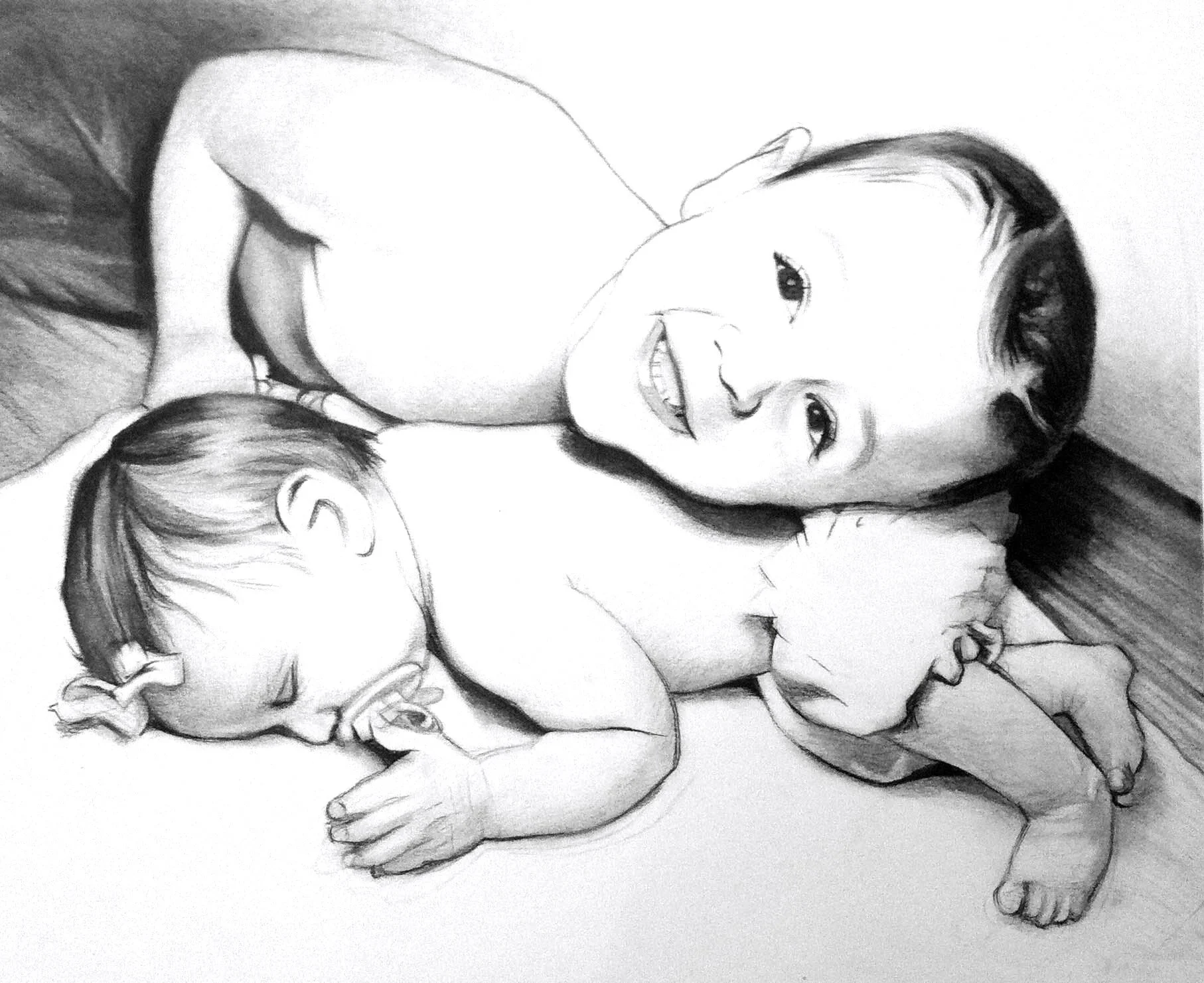 Drawing of two young children, one her older sister and the other her younger brother, lying down on a surface. The older girl has straight hair and a smile, while the younger boy has short hair and is asleep, resting his head on his arm.