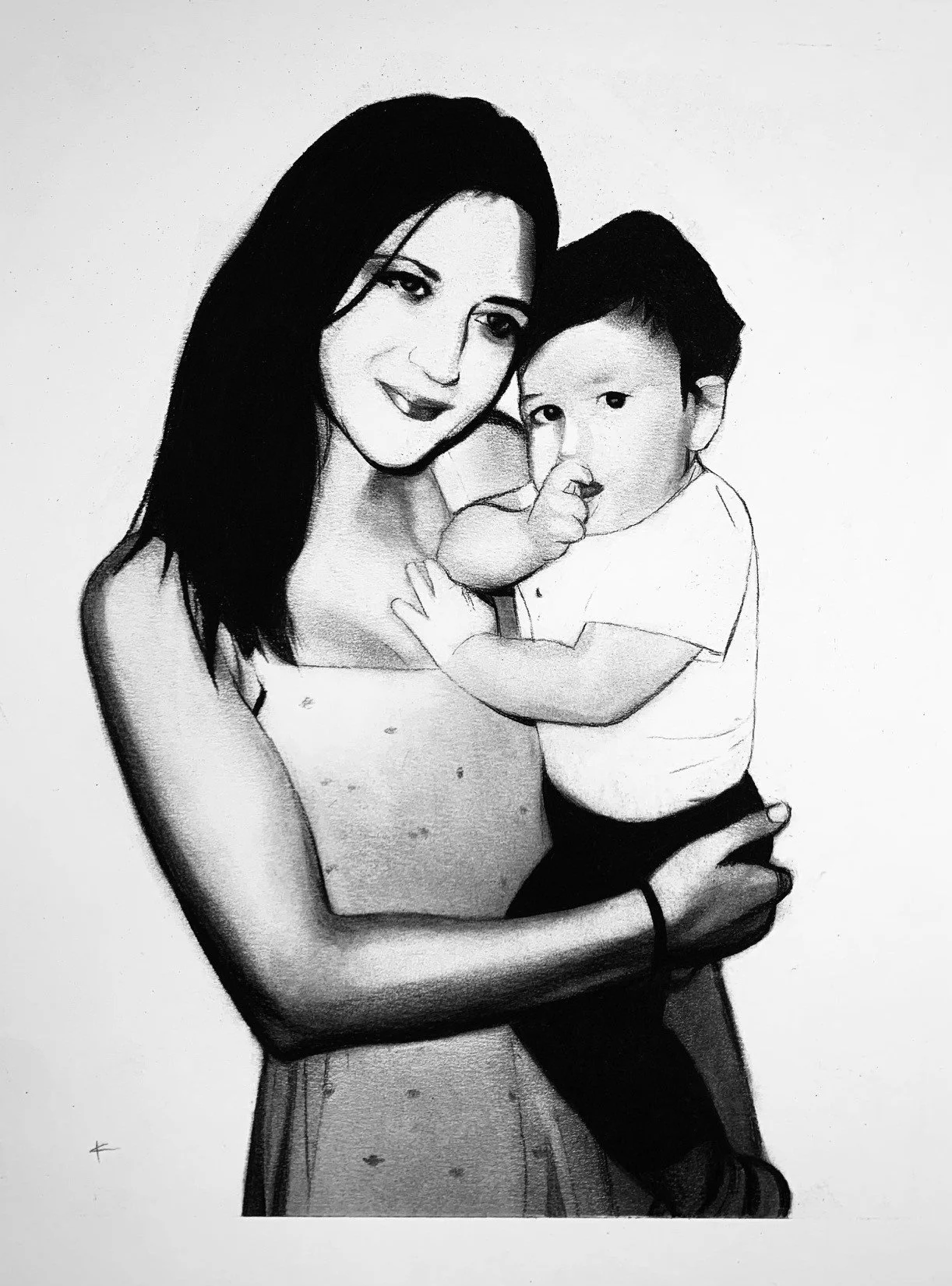 Black and white drawing of a woman holding a young child, both depicted with enhanced cartoonish features, with the woman smiling and the child looking directly at the viewer.