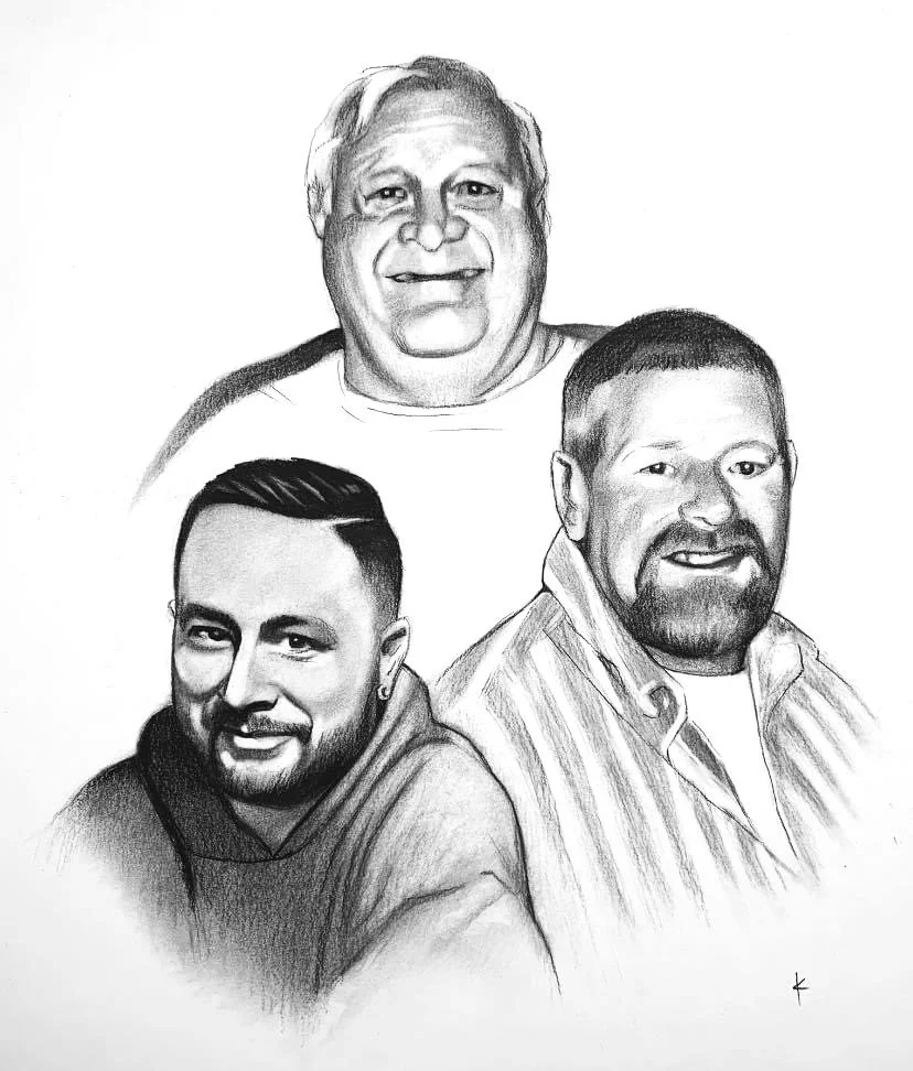 Black and white pencil drawing of three smiling men, with one in the back and two in the front, wearing casual clothing.