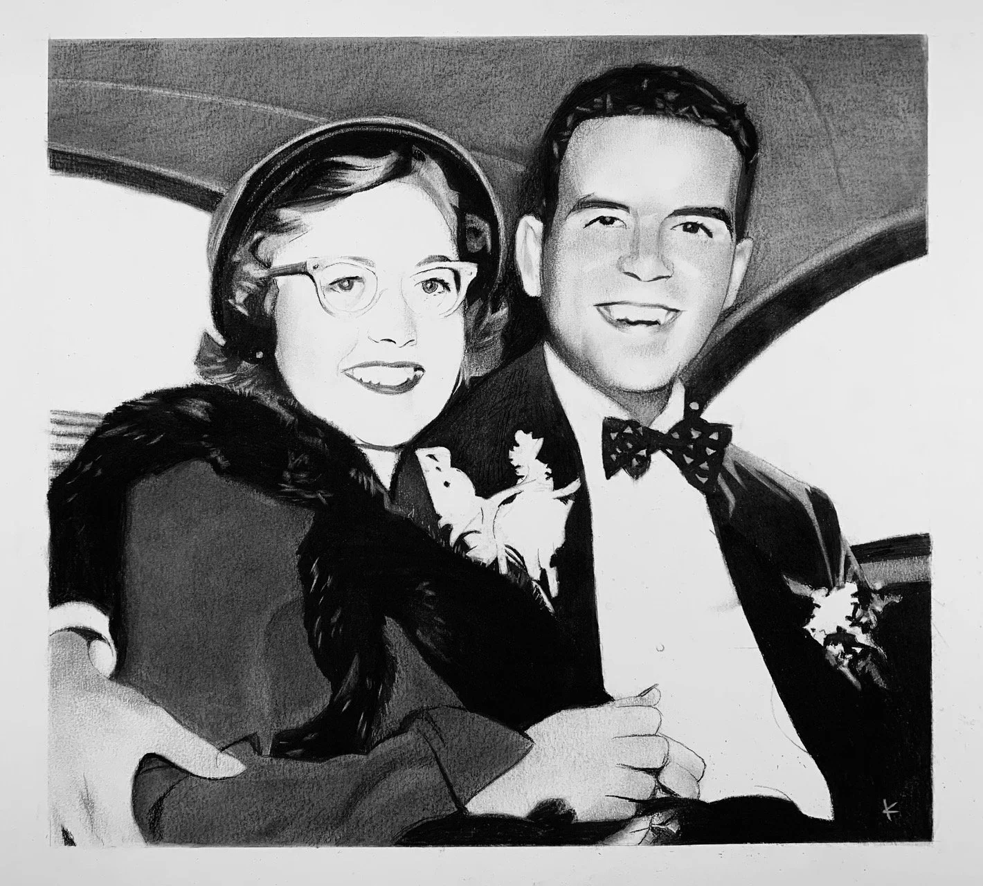 Black and white drawing of a woman and a man dressed in formal attire, smiling and sitting closely together.