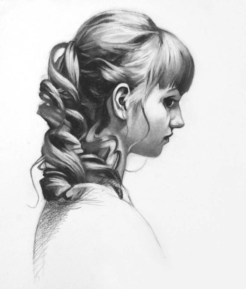 Black and white drawing of a young woman in profile with wavy hair styled in an elegant updo.