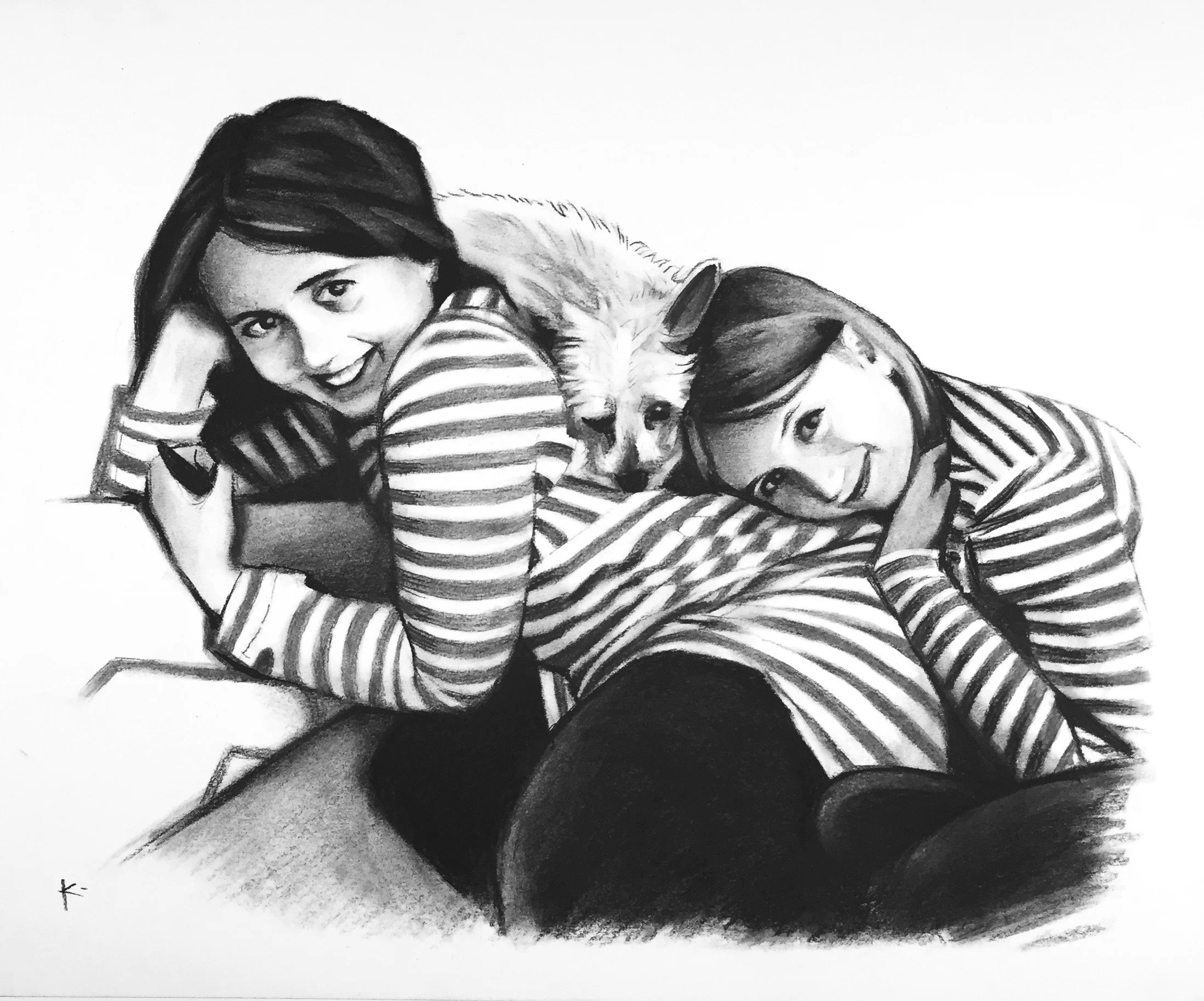 Drawing of two women and a dog lying on the ground, smiling and embracing each other, all wearing striped clothing.
