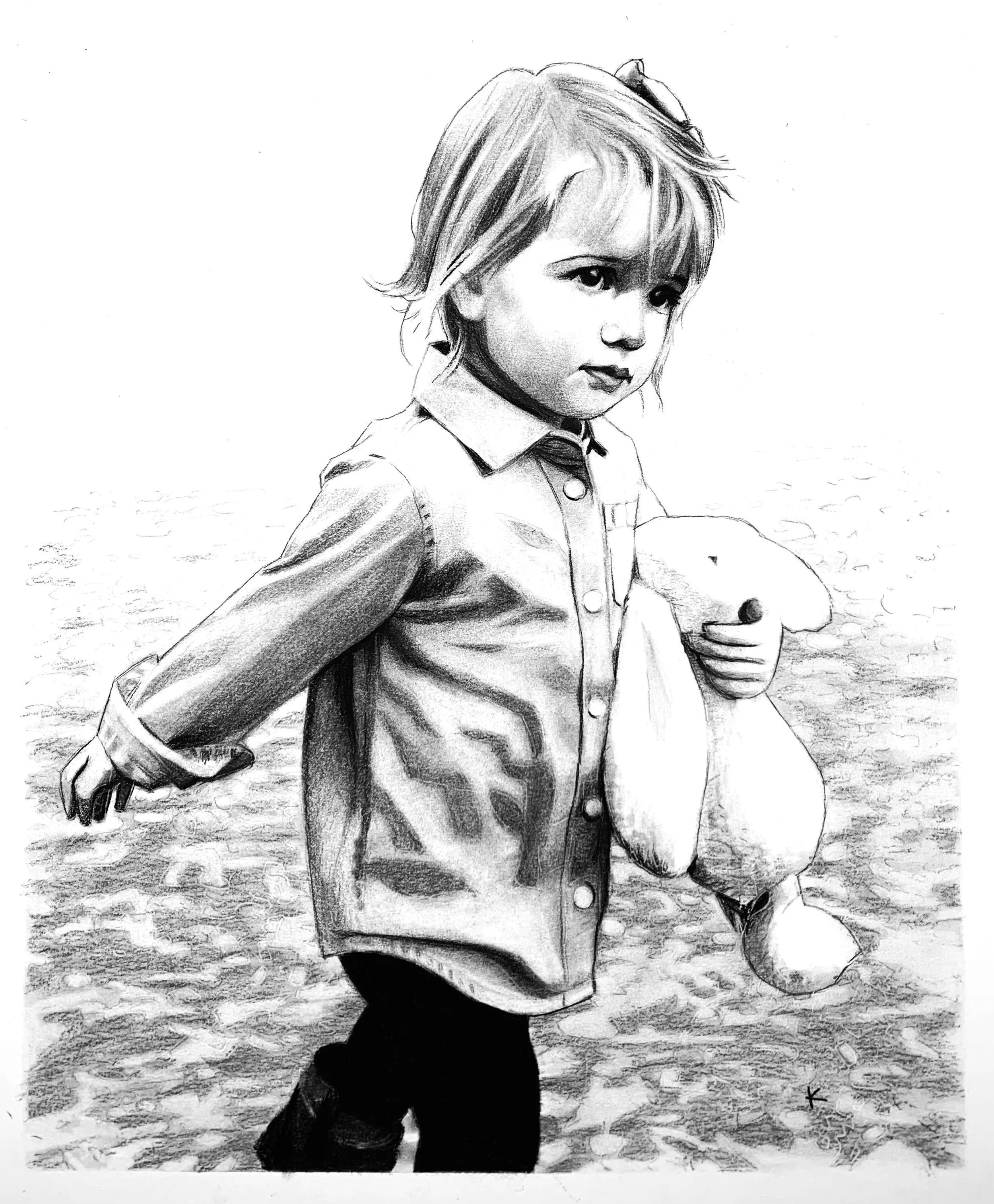A black and white drawing of a young girl with short hair, wearing a jacket and holding a stuffed duck toy in her right hand, standing outdoors on a ground covered with leaves.