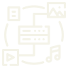 Icon representing multimedia content including an image, document, video, and music