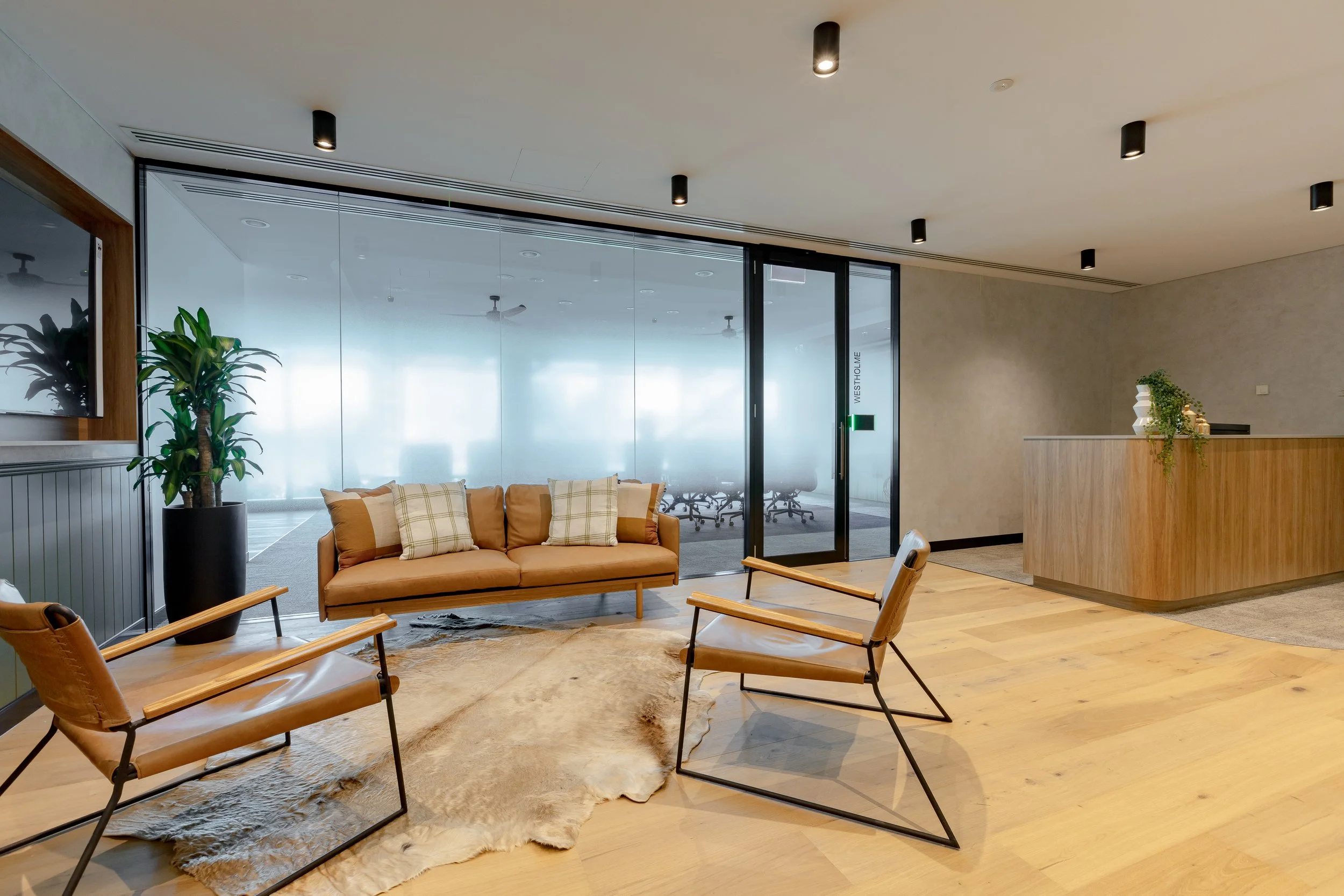 Modern office reception area with leather chairs, a sofa with cushions, a large potted plant, a cowhide rug, wood flooring, and a glass-walled conference room in the background.