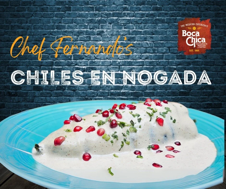The weekend special begins today after 2pm!

Chef Fernando's Chiles en Nogada- Roasted Poblano Pepper, stuffed with seasoned beef, rice, and Monterey Jack cheeses. Topped with a creamy walnut-almond sauce and fresh pomegranate. 

Served with Spanish 