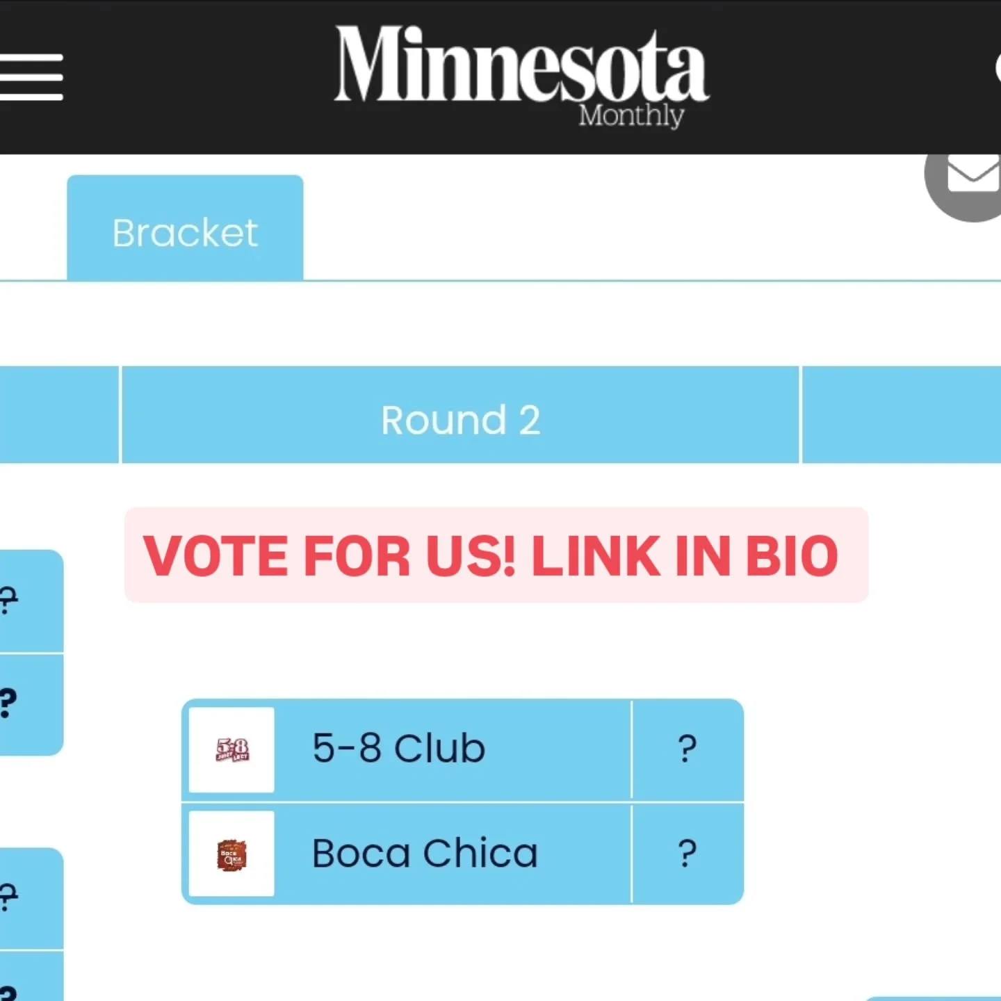 We've advanced to Rd. 2!

Help us as we take on tough competition to be known as a Minnesota  Legend ❤️

#legendary #voteforus #faverestaurant #twincities 

VOTE FOR BOCA CHICA!