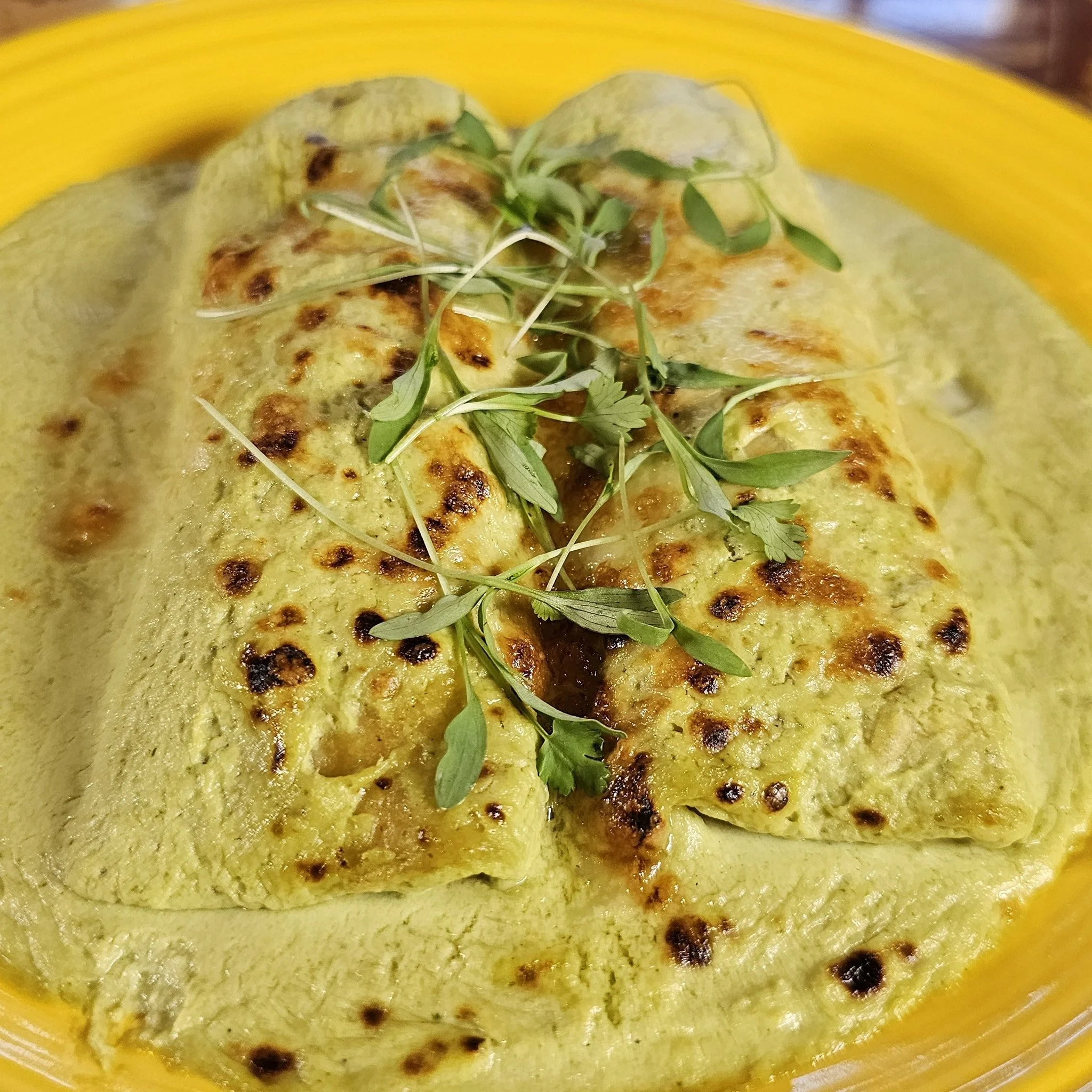 OMG 😲 😱 😲 

Chef Fernando has done it again!

Lump Crab Enchiladas with Roasted Poblano Crema-$32

Delicate corn tortillas filled with sweet lump crab, rolled and baked, then draped in a silky roasted poblano cream sauce. Finished with melted ques