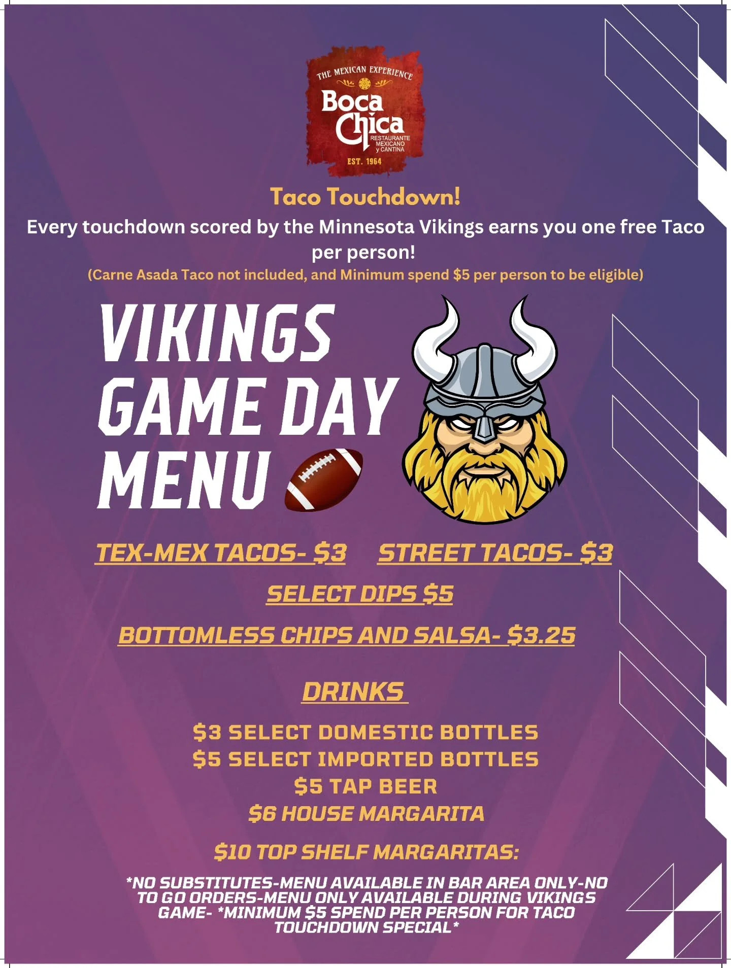 It's GAMEDAY!🏈

Playing against that Green and Yellow team. 🫣

Catch it, with some great deals, in the Boca bar 🍸 

Noon Kickoff 🏈

#bocachicarestaurant #vikingsfan #mnvikings #footballfood