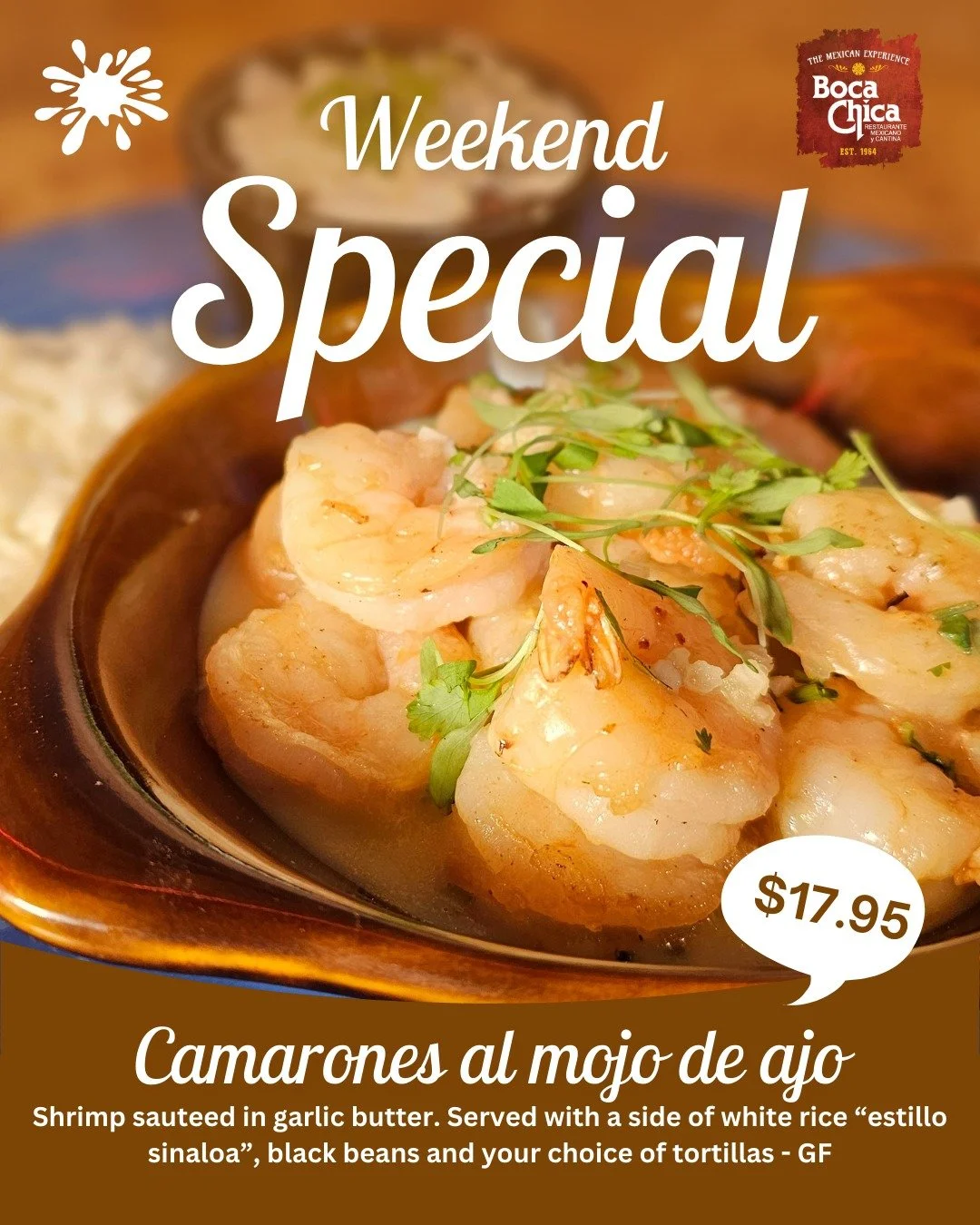 Weekend Special!

Camarones al mojo de ajo-*GF-$17.95

Shrimp sauteed in garlic butter. Served with a side of white rice &ldquo;estillo sinaloa&rdquo;, black beans and your choice of tortillas

#weekendspecial #camarones #shrimplovers #twincitieseats