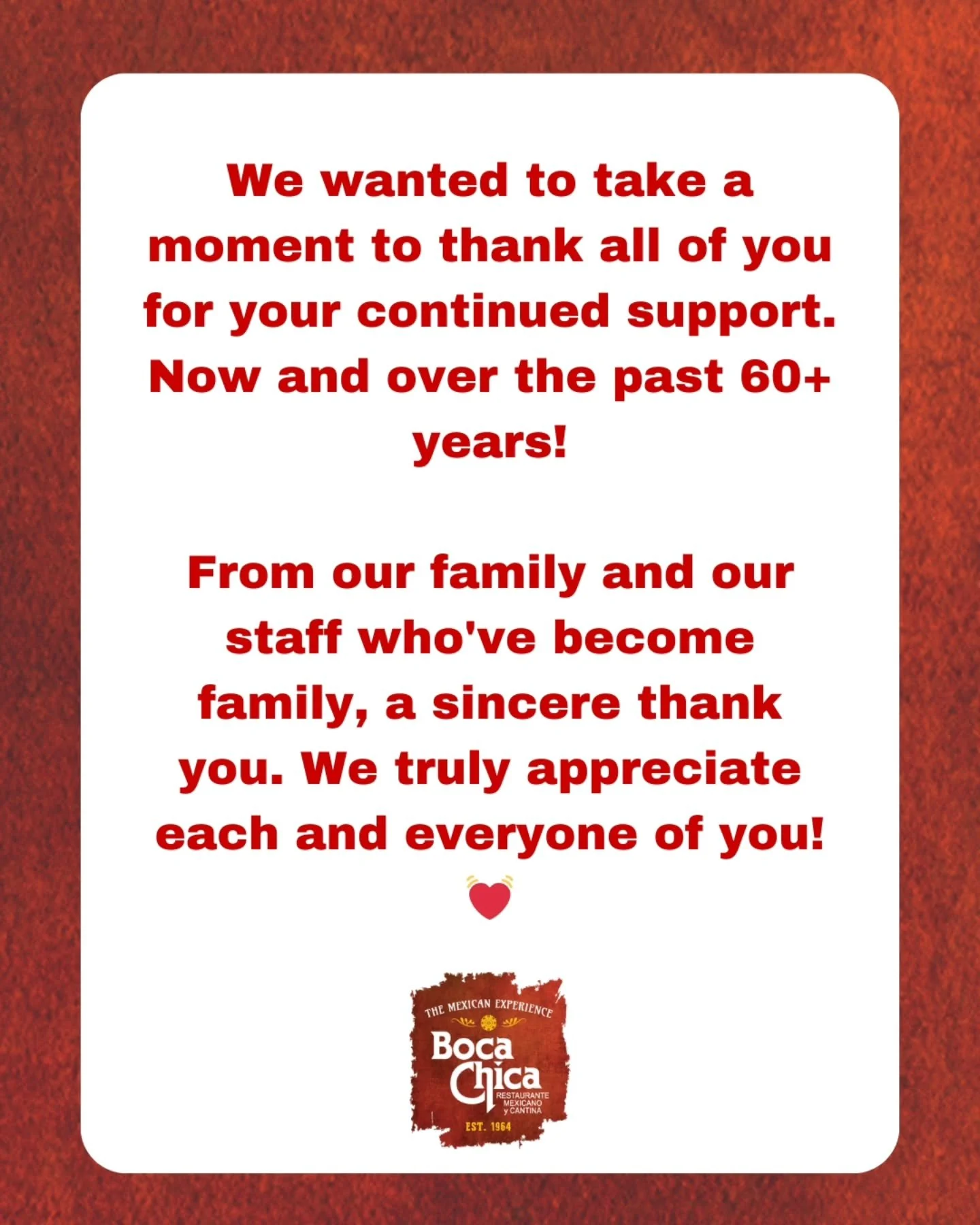 A sincere thank you to all of you for your continued support! 

#thankyou❤️ #familyrestaurant #mexicanamerican #familyownedandoperated