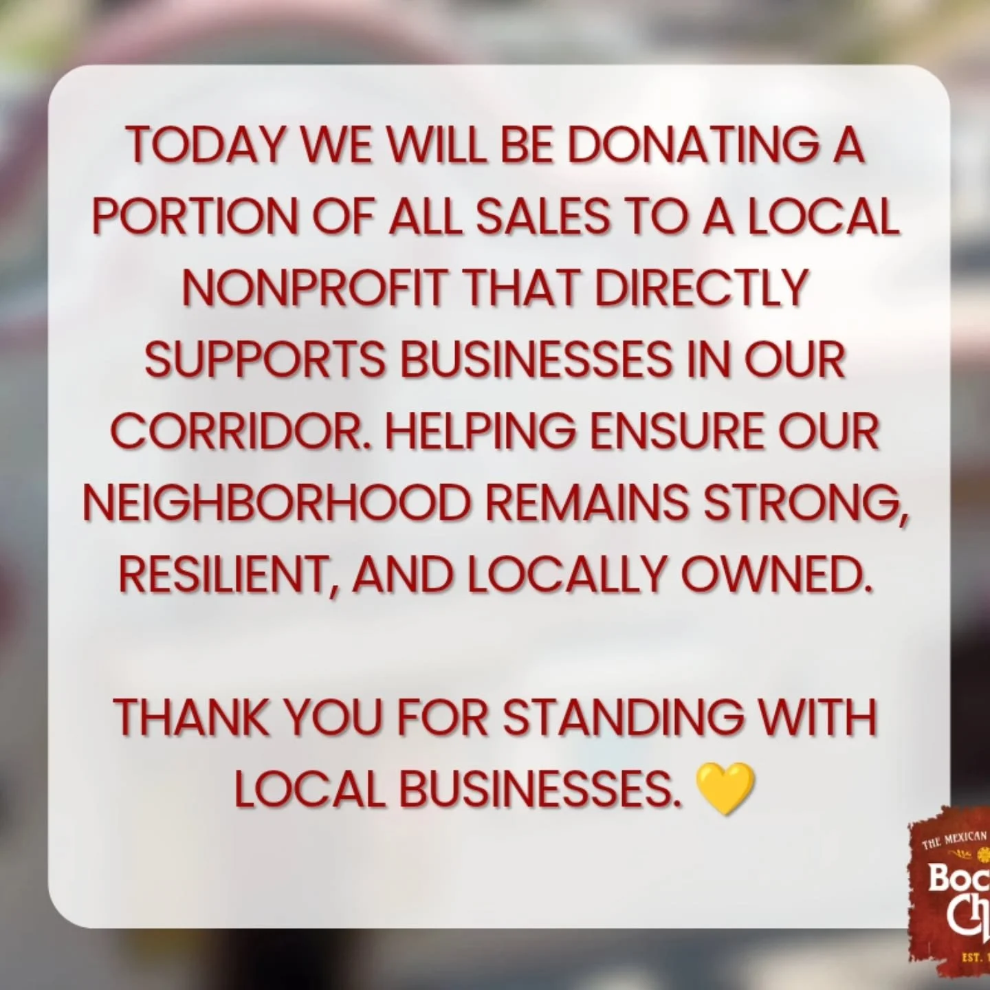 Today we will be donating a portion of all sales to a local nonprofit that directly supports businesses in our corridor. Helping ensure our neighborhood remains strong, resilient, and locally owned.

Thank you for standing with local businesses. 💛

