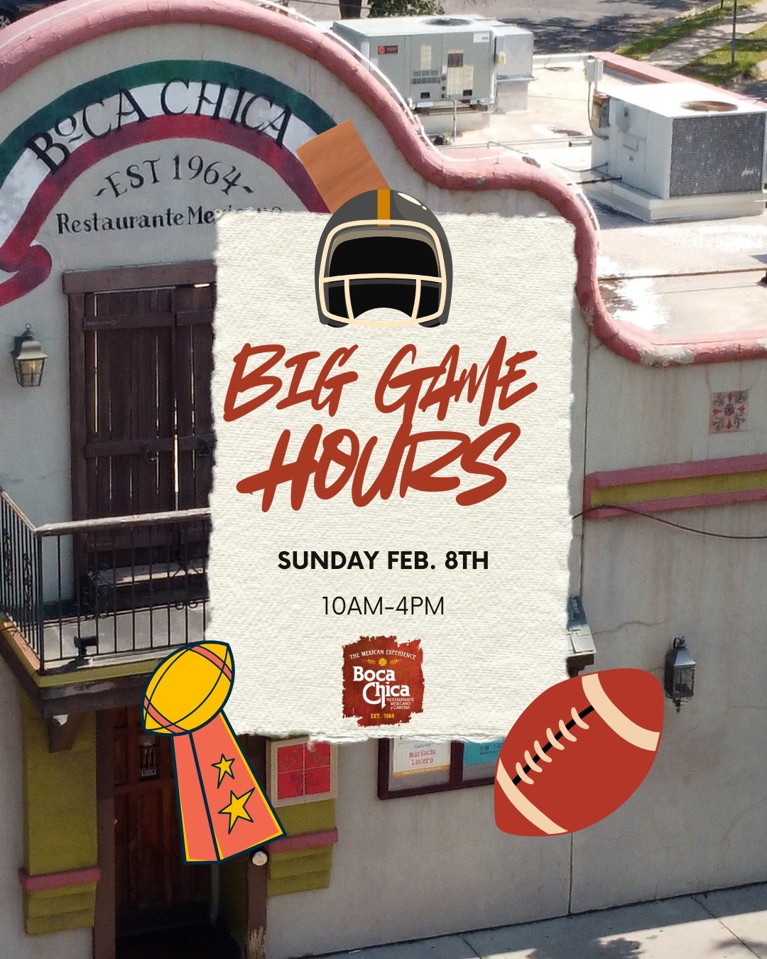 Super Bowl Sunday = quiet at Boca Chica 😅 

So we&rsquo;re gonna do what we do best&hellip; eat early and head home!

🕙 Open 10 AM &ndash; 4 PM

Come through for lunch and/or grab your favorites for the game!

#superbowldishes #supersunday #mexican