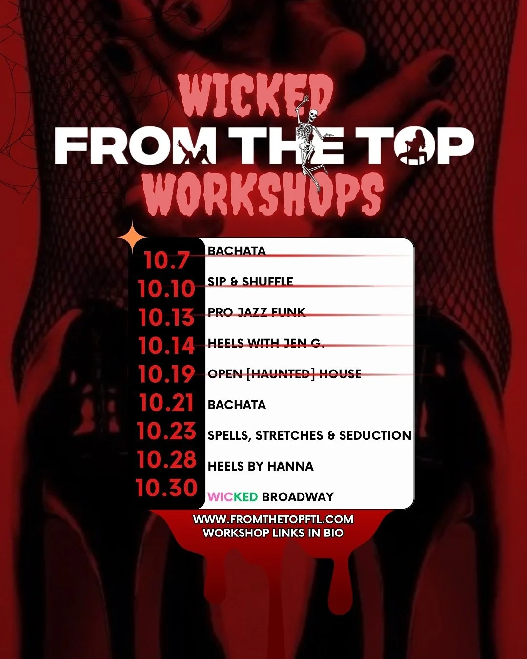 ๐ Stay Wicked With Us All October at From The Top ๐ ๐ธ๏ธ
It’s officially spooky-season slay time ๐ป
From sultry heels to salsa, stretching to seduction the rest of October’s lineup is stacked with hauntingly good workshops, fiery classes