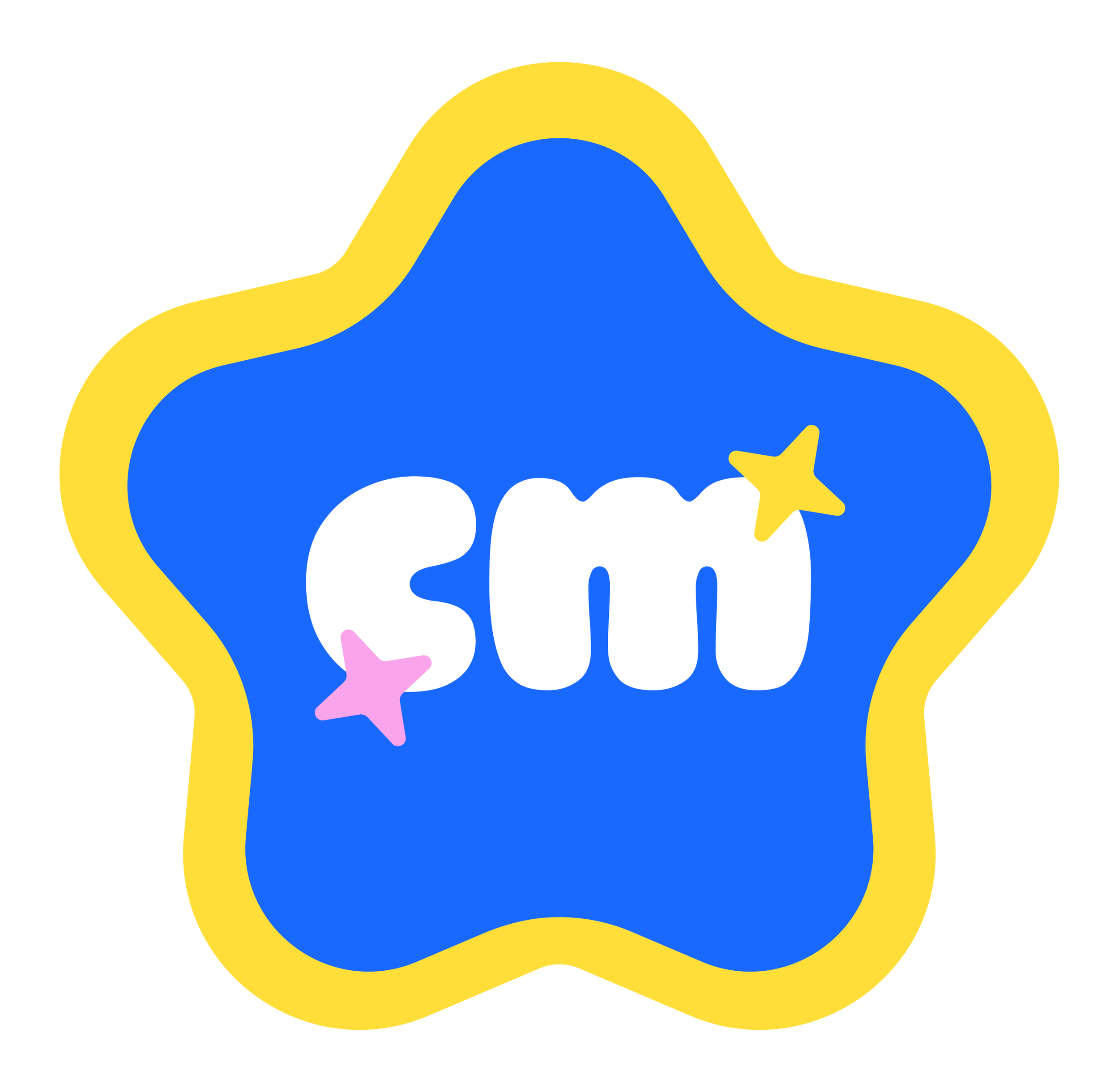 Colorful sticker with a blue star-shaped background, white lowercase letters spelling 'sun', two small stars, one pink and one yellow, on the top right and bottom left of the text.