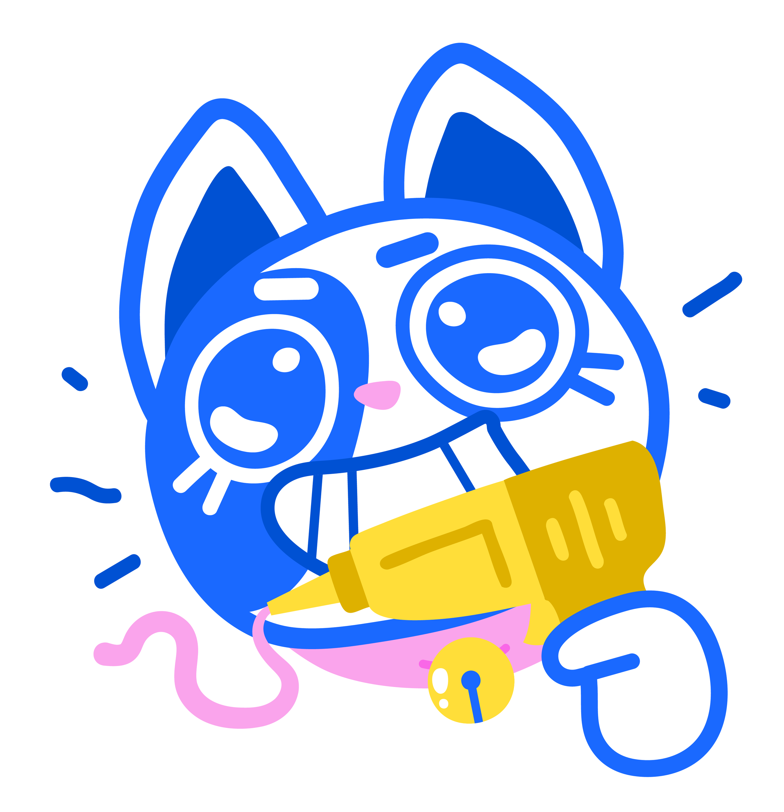 Cute cosplay market mascot cartoon cat with big eyes, holding a yellow glue gun, surrounded by pink and yellow crafting supplies.