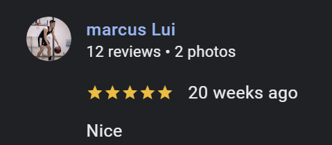 Social media review section showing a profile picture, username Marcus Lui, 12 reviews, 2 photos, 5-star rating, 20 weeks ago, with the comment 'Nice'.