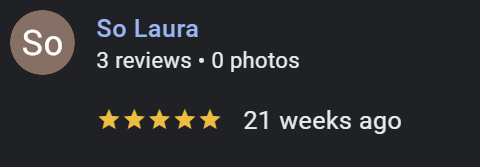 Profile of So Laura with 3 reviews, no photos, five-star rating, and last review 21 weeks ago.